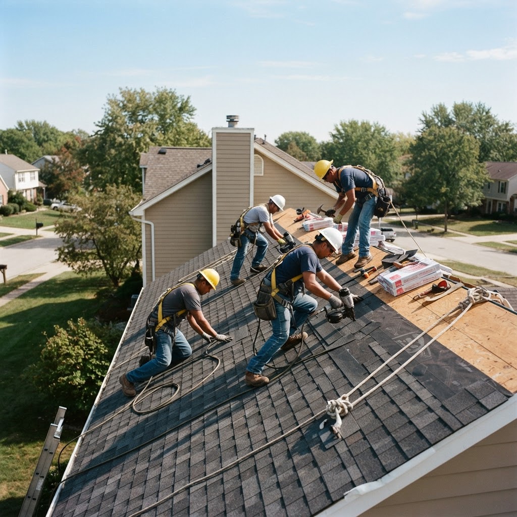 Roofing crew installing shingles on a residential roof