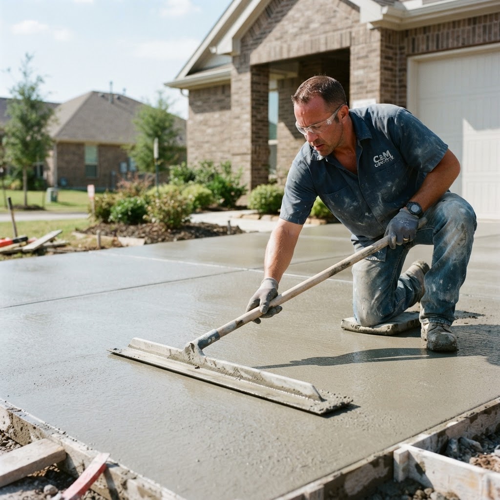 Concrete contractor finishing a residential driveway