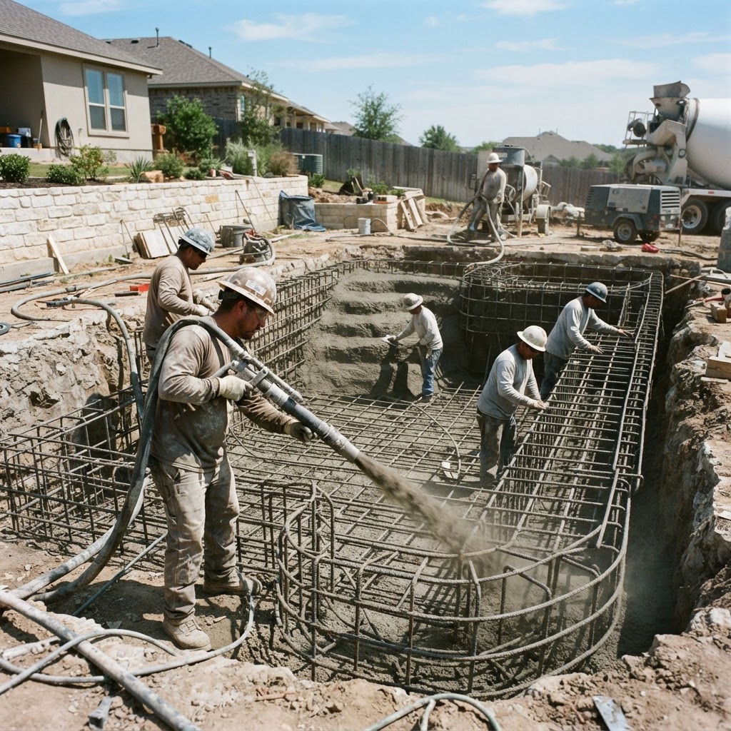 Pool construction crew building an in-ground swimming pool