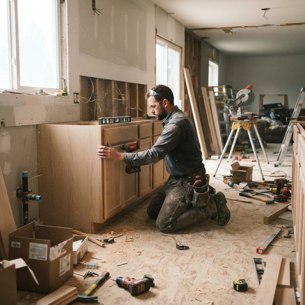 Remodeling contractor installing kitchen cabinetry