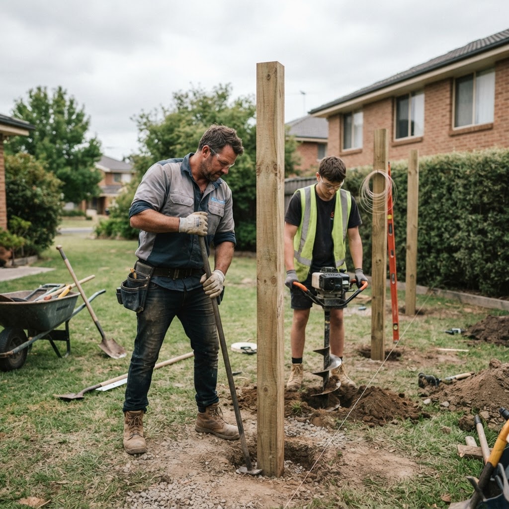 Fence installation crew setting wooden fence posts
