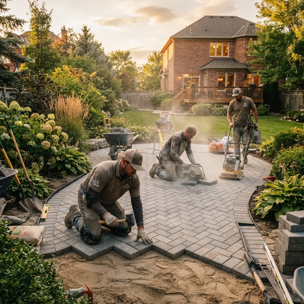 Professional landscaping crew installing a paver patio