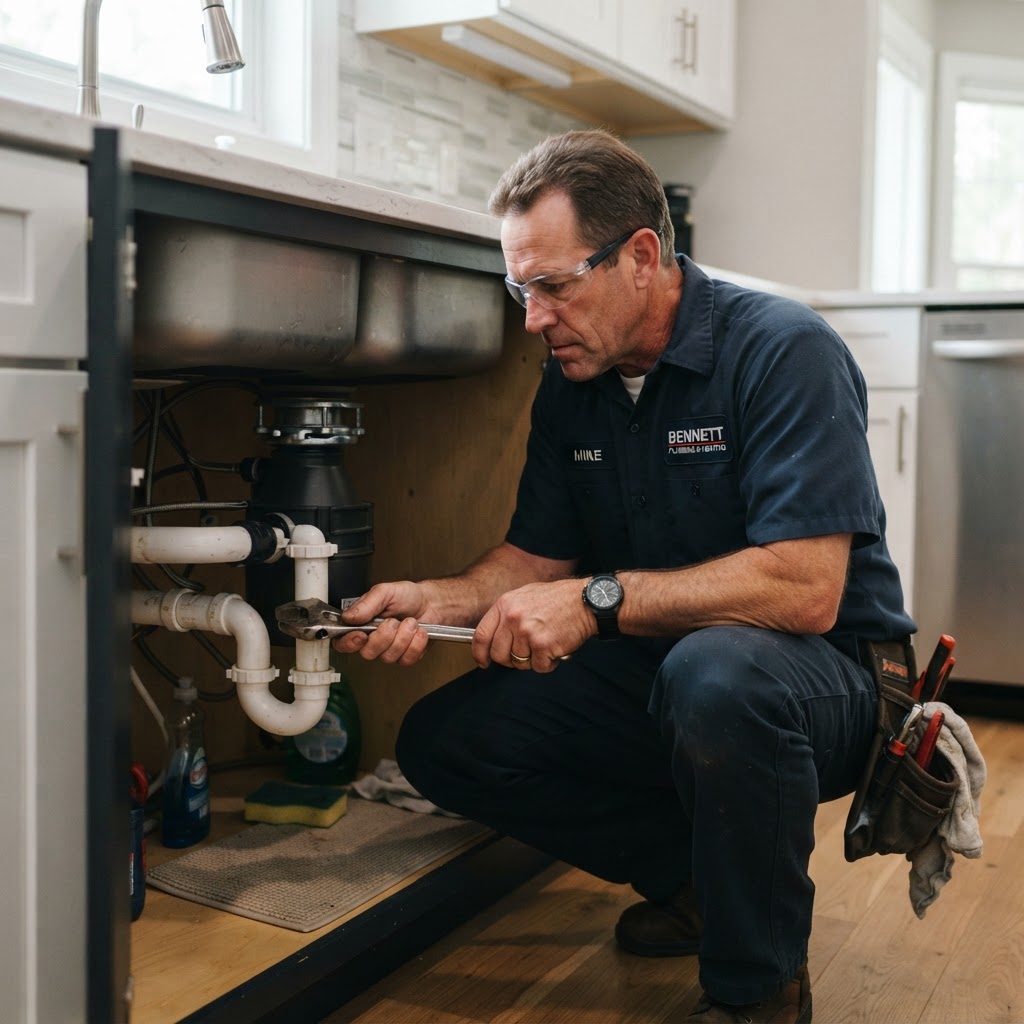 Professional plumber performing service work under a kitchen sink