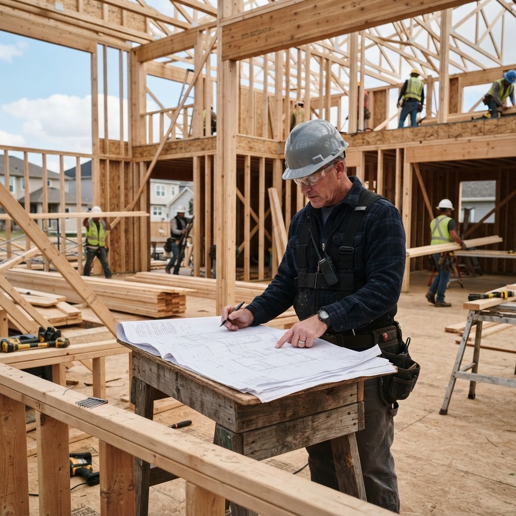 General contractor reviewing blueprints at a residential construction site