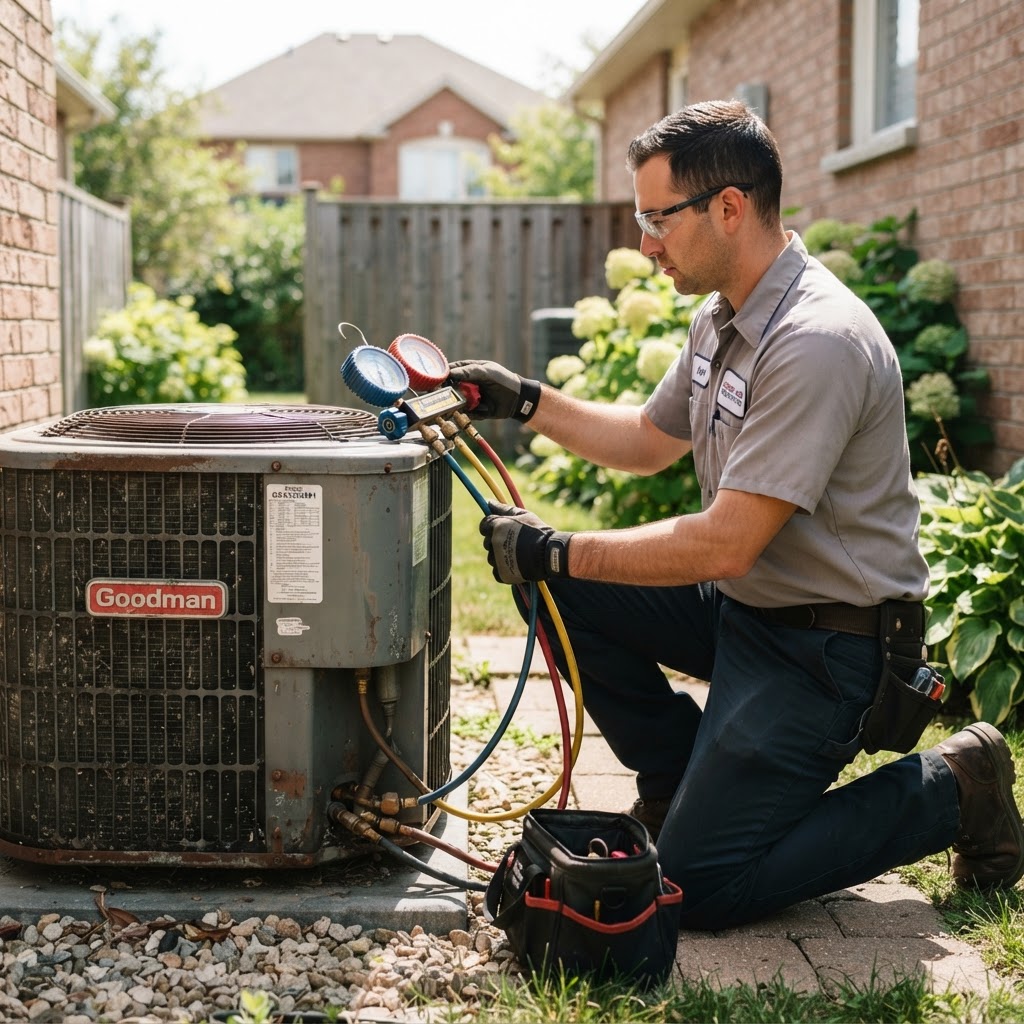 HVAC technician servicing an outdoor air conditioning unit