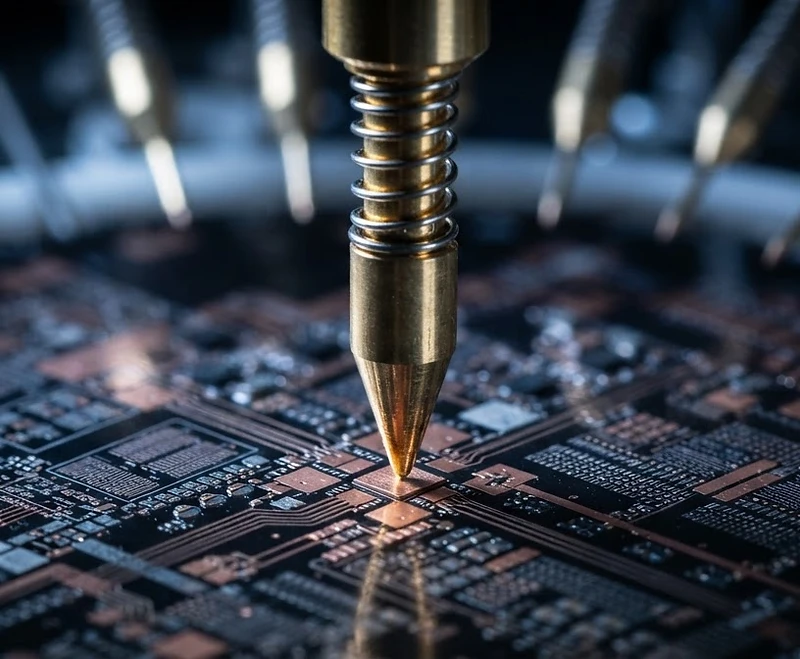 Macro view of gold-plated test probes contacting a silicon wafer