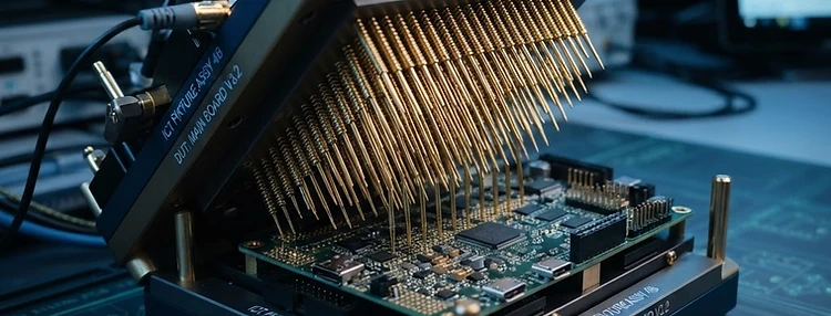 In-circuit test fixture with precision spring pins contacting a PCB