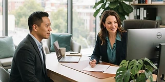 Professional family lawyer reviewing a document at her Melbourne office desk