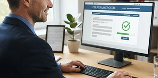 Lawyer submitting divorce documents on an official online portal in morning office light
