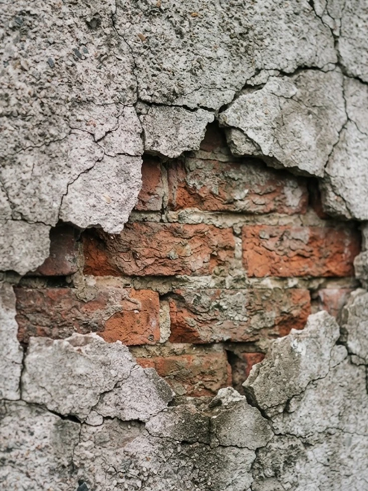 Cracked exterior render partly removed, exposing brickwork beneath