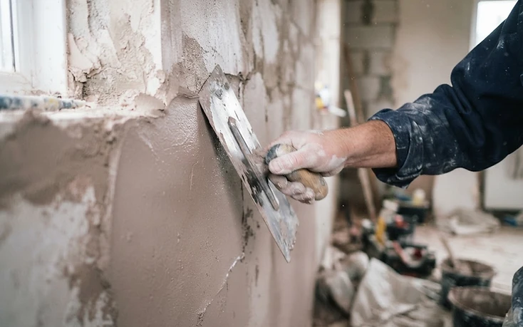 Trowel smoothing wet finish plaster on an interior wall