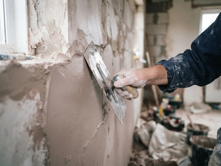 Plasterer's trowel smoothing wet finish plaster on an interior wall