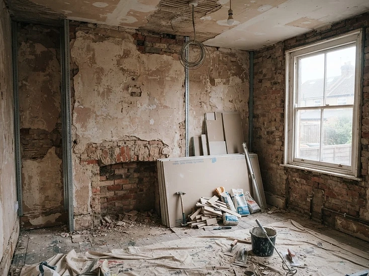 Room stripped back for replastering with beads fitted and plasterboard stacked