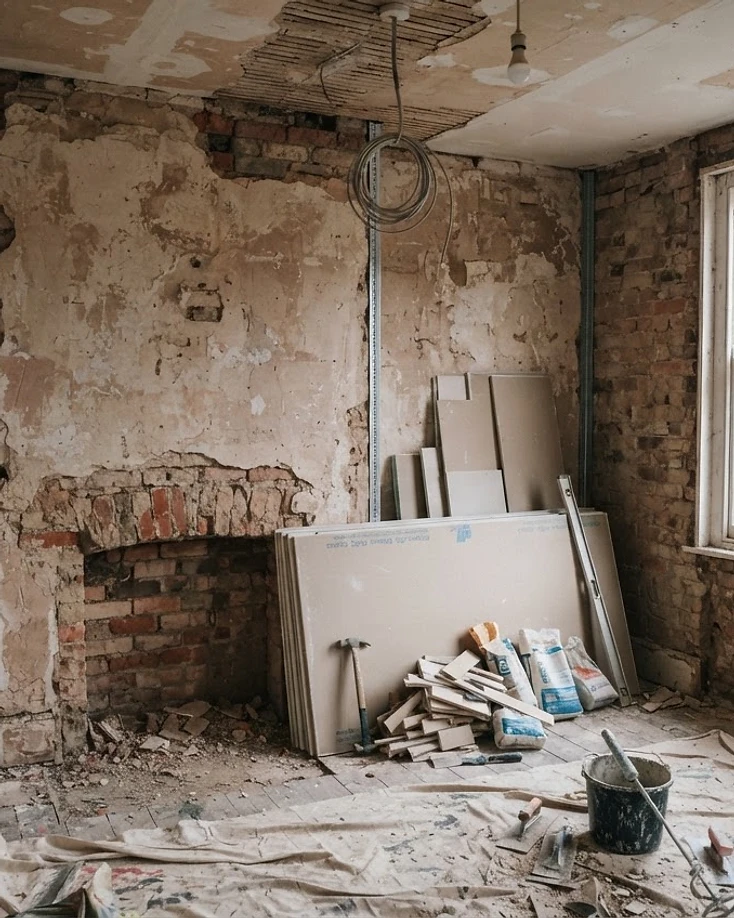 Room prepared for replastering with beads fitted and dust sheets down