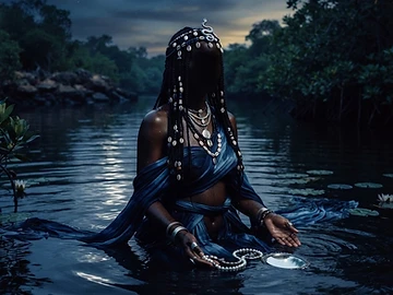 Figure féminine émergeant d'une lagune, évocation de Mami Wata