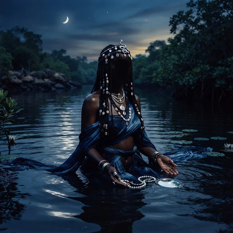 Figure féminine émergeant d'une lagune, évocation de Mami Wata