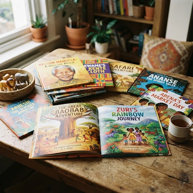 Albums jeunesse illustrés posés sur une table