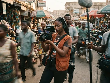 Jeune réalisateur africain filmant dans une rue animée