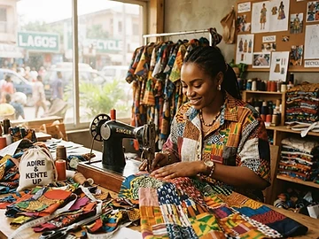 Créateur africain cousant des chutes de tissu ankara
