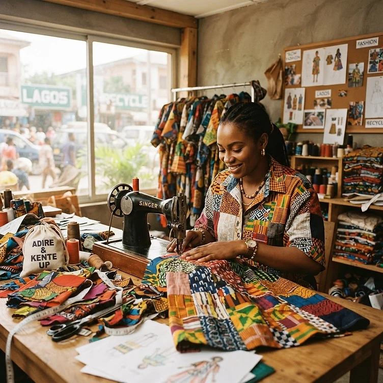 Créateur africain cousant des chutes de tissu ankara
