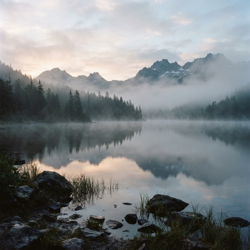 A quiet dawn over still water