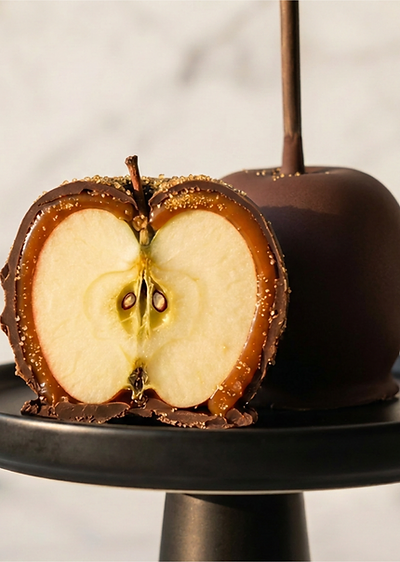 Gourmet caramel-dipped apple on a black pedestal, sliced to reveal layered caramel and chocolate