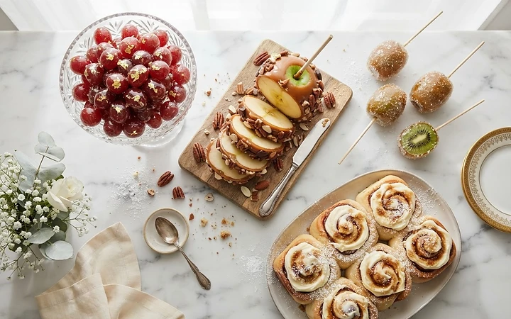 Overhead spread of artisan desserts on white marble