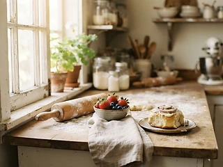 Sunlit cottage bakery counter with fresh fruit and a golden cinnamon roll