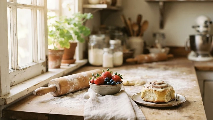 Sunlit cottage bakery counter with fresh fruit and a golden cinnamon roll