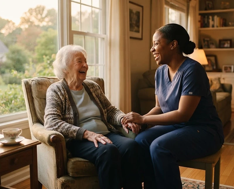 A caregiver sharing a warm moment with a senior in a sunlit Maryland home