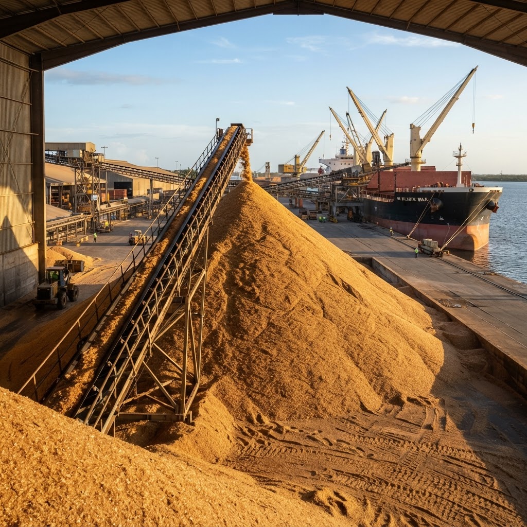 Bulk raw brown VHP cane sugar piled at a maritime export terminal