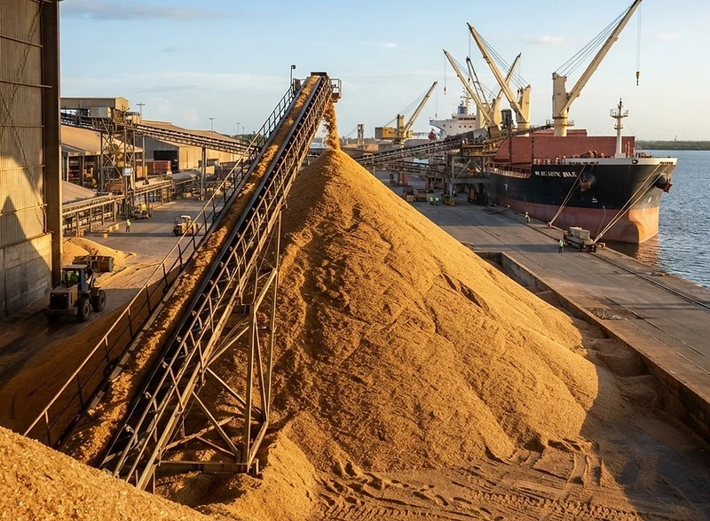 Bulk raw brown VHP cane sugar piled at a maritime export terminal