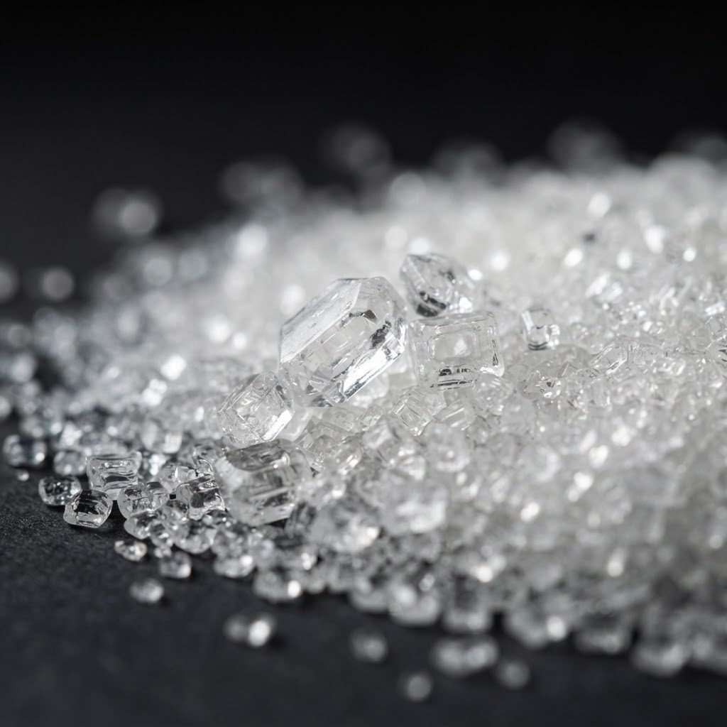 Macro photograph of premium refined white crystalline beet sugar crystals