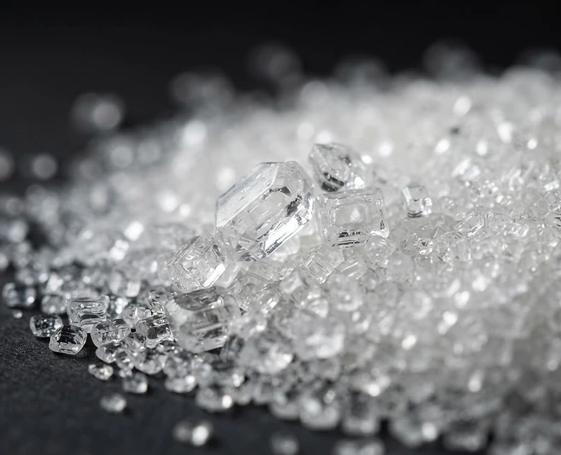 Macro photograph of premium refined white crystalline beet sugar crystals
