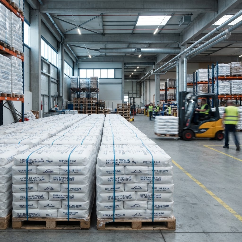 Pallets of white granulated beet sugar in 25kg paper sacks in an industrial warehouse