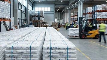 Pallets of white granulated beet sugar in 25kg paper sacks in an industrial warehouse