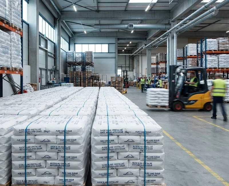 Pallets of white granulated beet sugar in 25kg paper sacks in an industrial warehouse