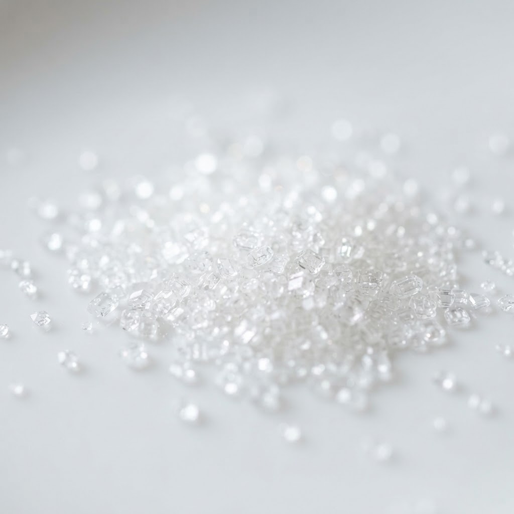 Macro photograph of sparkling brilliant white refined cane sugar ICUMSA 45 crystals
