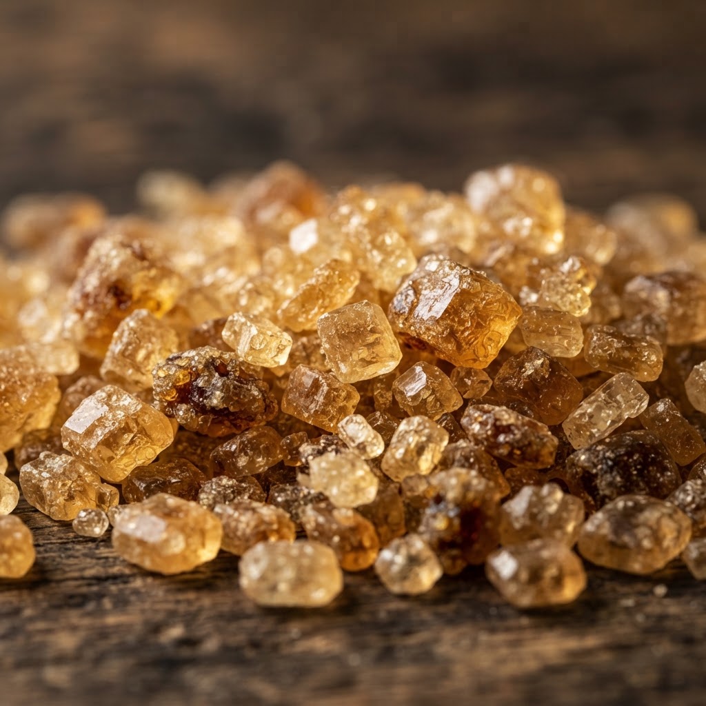 Macro photograph of golden granulated cane sugar crystals with molasses notes