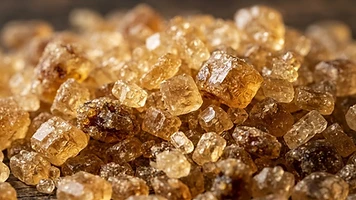 Macro photograph of golden granulated cane sugar crystals with molasses notes