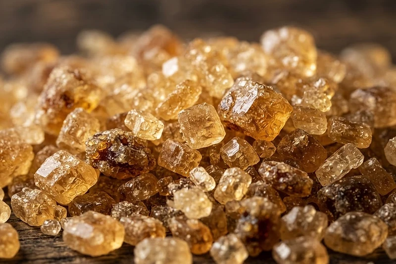 Macro photograph of golden granulated cane sugar crystals with molasses notes