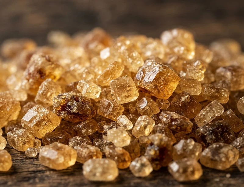 Macro photograph of golden granulated cane sugar crystals with molasses notes