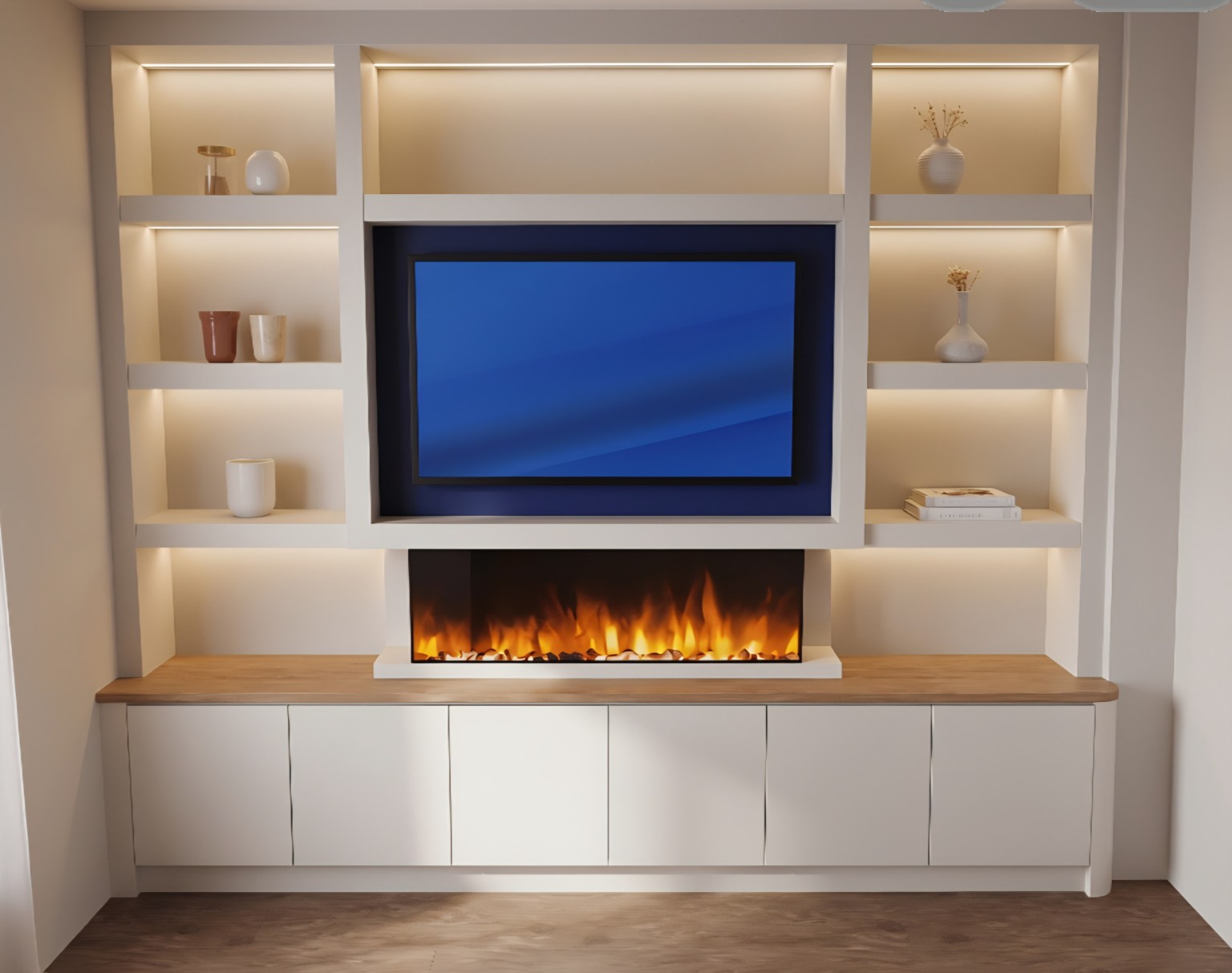 3D render of a bespoke media wall with illuminated display niches, a central recess and an integrated fireplace.