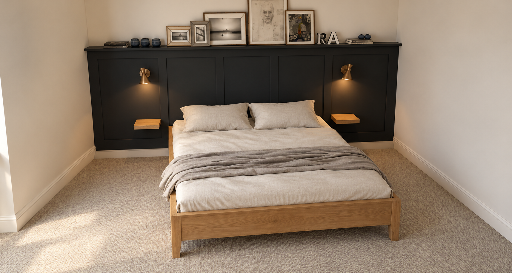 3D render of a bedroom with an oak bed, a charcoal panelled headboard, floating bedside shelves and wall lights.
