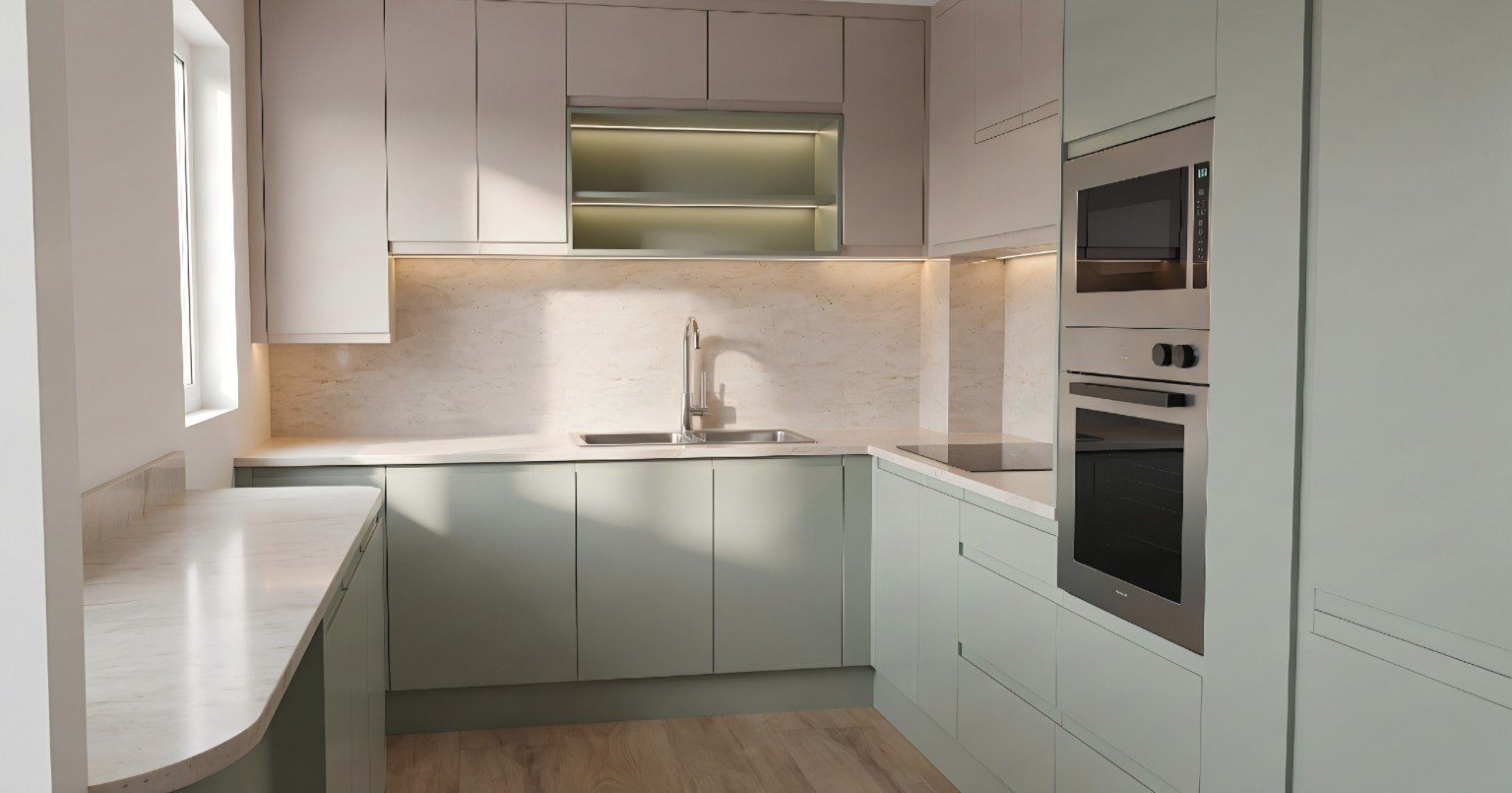 3D visual of a U-shaped kitchen with sage and taupe cabinetry, a lit display nook and a stone worktop.