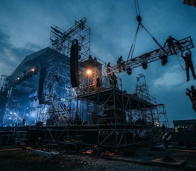 Festivalbühne während des Aufbaus in der Dämmerung
