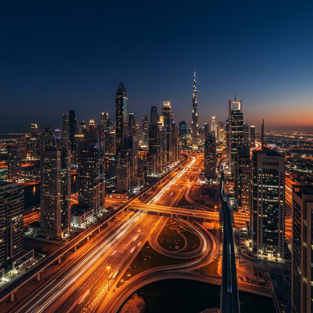 Dubai business district skyline at dusk