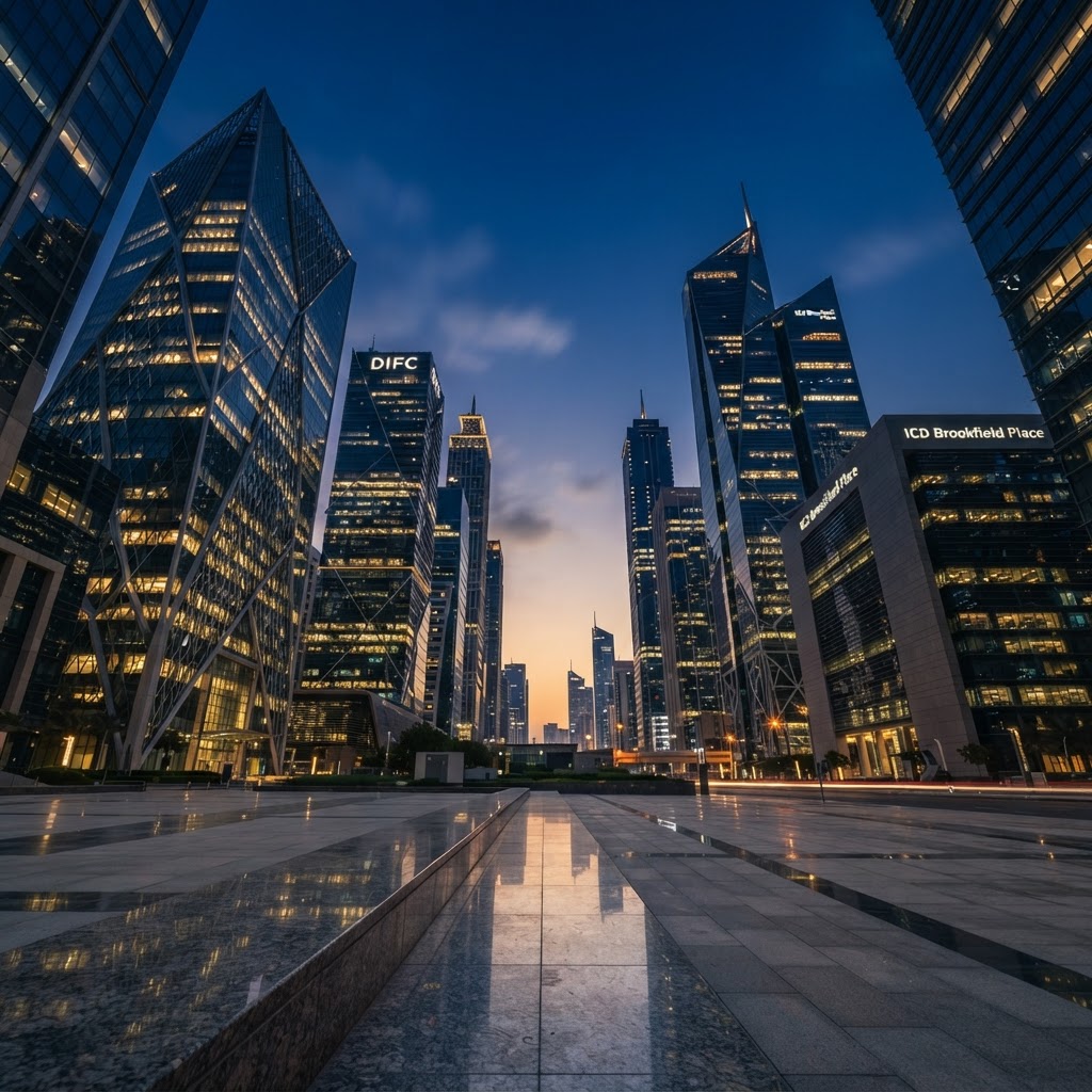 Dubai DIFC financial district at blue hour