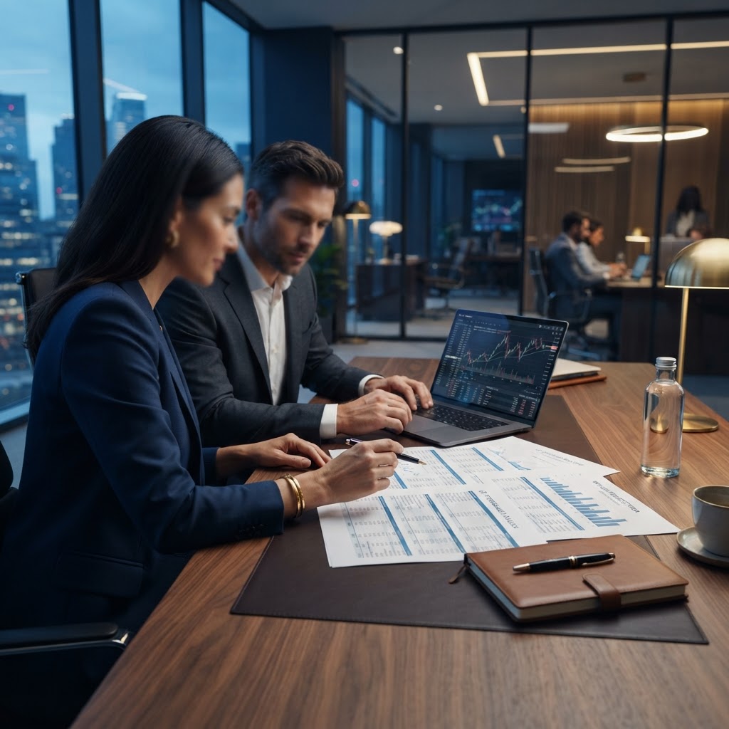 Finance professionals reviewing financial reports
