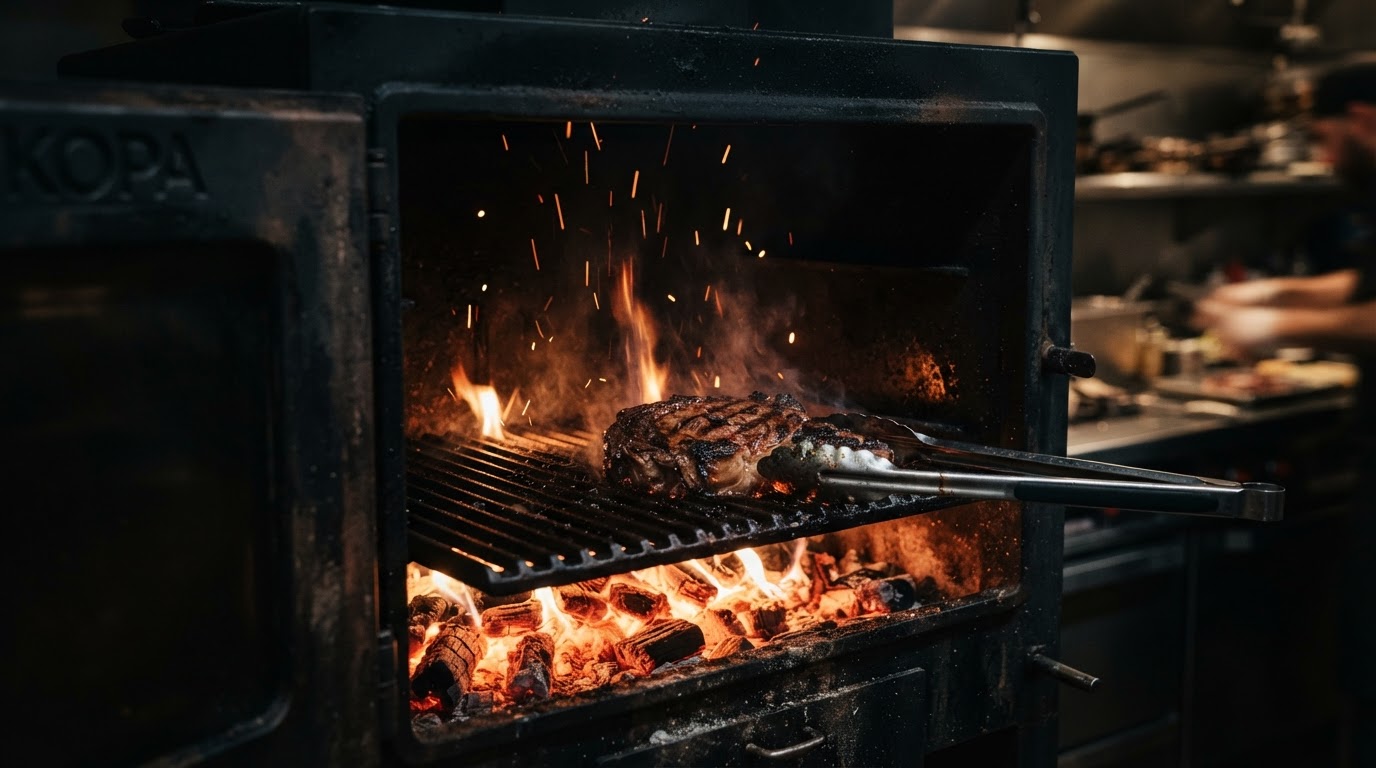 KOPA charcoal oven with glowing embers and steak grilling inside